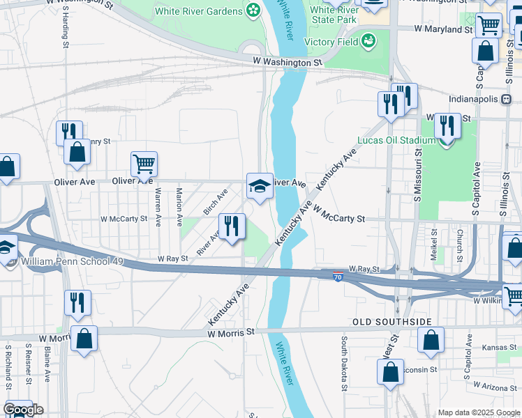 map of restaurants, bars, coffee shops, grocery stores, and more near 777 South White River Parkway West Drive in Indianapolis
