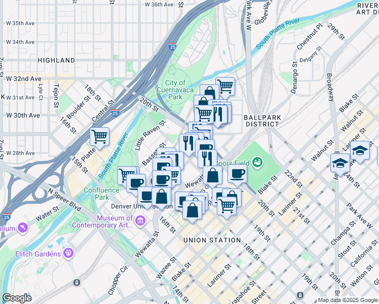 map of restaurants, bars, coffee shops, grocery stores, and more near 1901 Chestnut Place in Denver