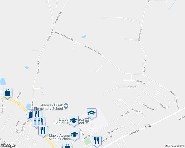 map of restaurants, bars, coffee shops, grocery stores, and more near 305 Basehoar School Road in Littlestown