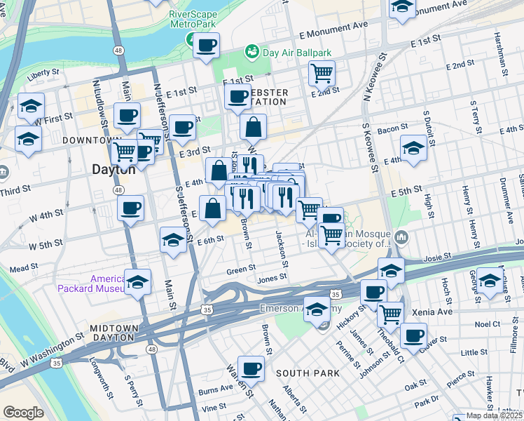 map of restaurants, bars, coffee shops, grocery stores, and more near 411 E 5th St in Dayton