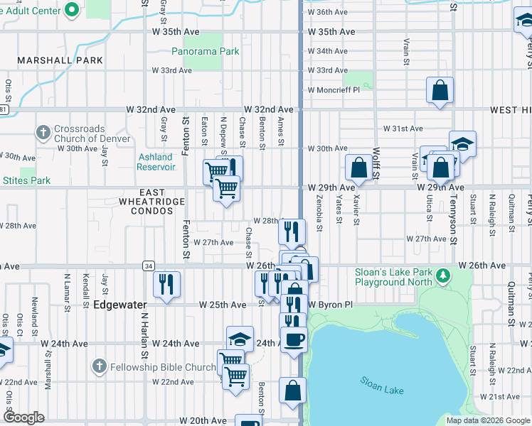 map of restaurants, bars, coffee shops, grocery stores, and more near 2828 Benton Street in Wheat Ridge