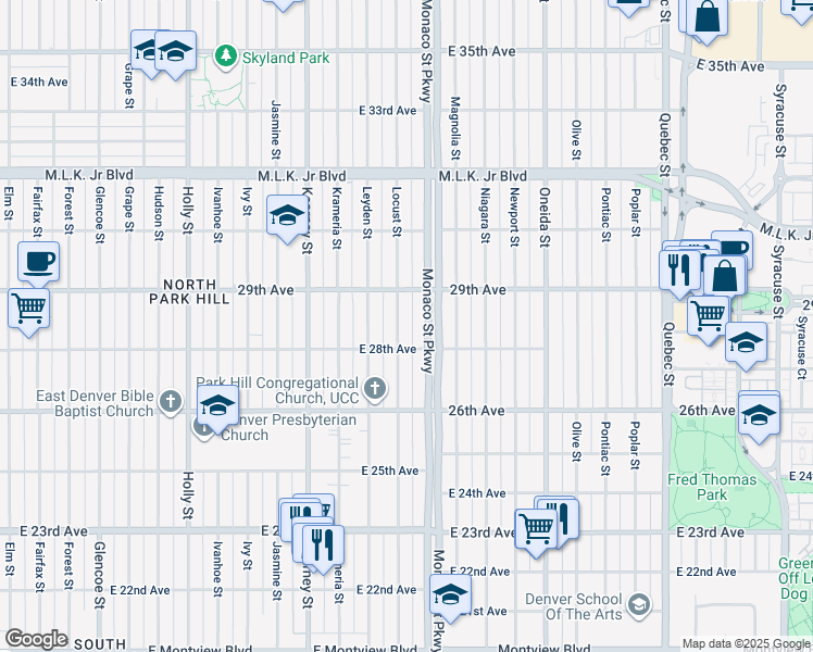 map of restaurants, bars, coffee shops, grocery stores, and more near 2835 North Monaco Parkway in Denver
