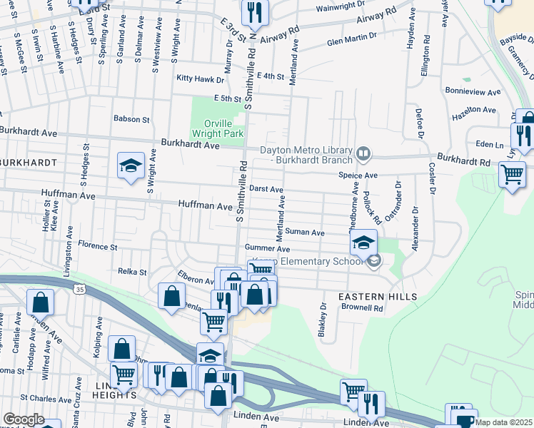 map of restaurants, bars, coffee shops, grocery stores, and more near 1646 Huffman Avenue in Dayton