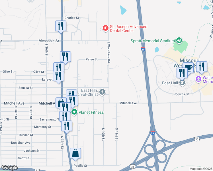 map of restaurants, bars, coffee shops, grocery stores, and more near 3941 Seneca Street in Saint Joseph