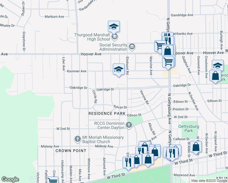 map of restaurants, bars, coffee shops, grocery stores, and more near 4418 Oakridge Drive in Dayton