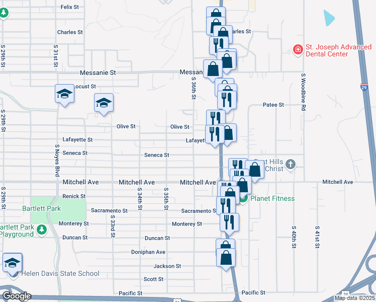map of restaurants, bars, coffee shops, grocery stores, and more near 1023 South 36th Street in Saint Joseph