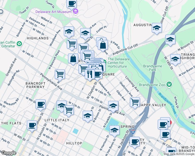 map of restaurants, bars, coffee shops, grocery stores, and more near in Wilmington