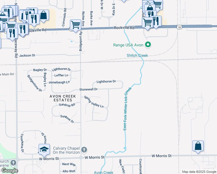 map of restaurants, bars, coffee shops, grocery stores, and more near 8524 Stonewall Drive in Indianapolis