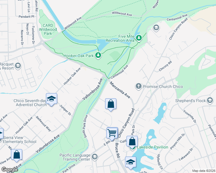 map of restaurants, bars, coffee shops, grocery stores, and more near 230 Centennial Avenue in Chico