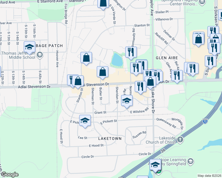 map of restaurants, bars, coffee shops, grocery stores, and more near 3300 Sheridan St in Springfield