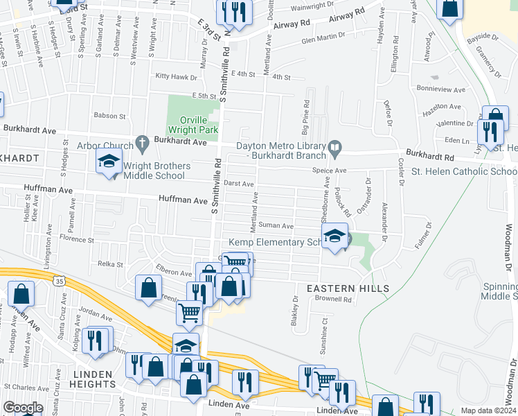 map of restaurants, bars, coffee shops, grocery stores, and more near 1704 Huffman Avenue in Dayton