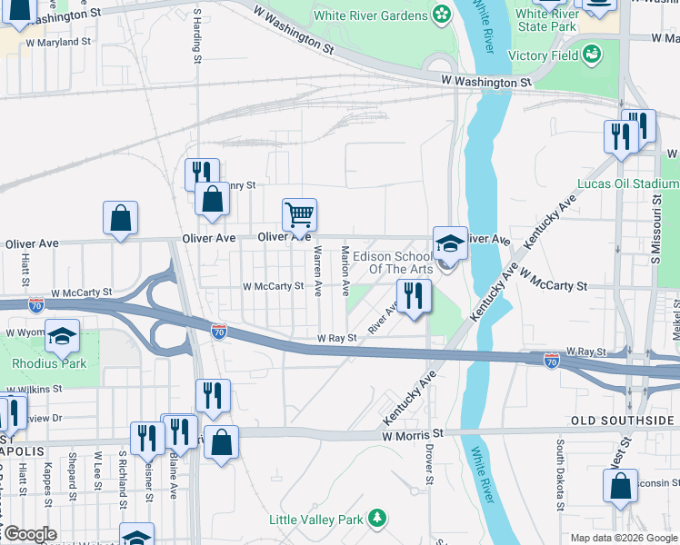 map of restaurants, bars, coffee shops, grocery stores, and more near 635 Warren Avenue in Indianapolis