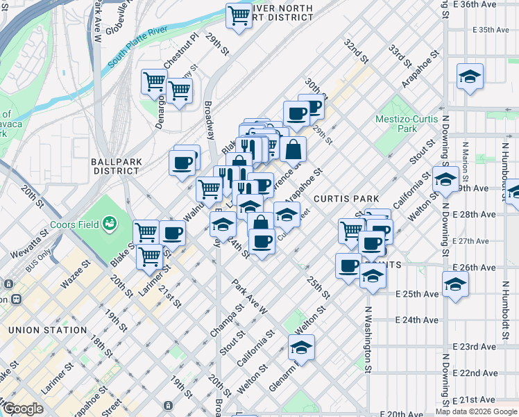 map of restaurants, bars, coffee shops, grocery stores, and more near 2533 Lawrence Street in Denver