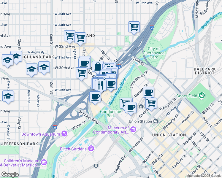 map of restaurants, bars, coffee shops, grocery stores, and more near 1615 Platte Street in Denver