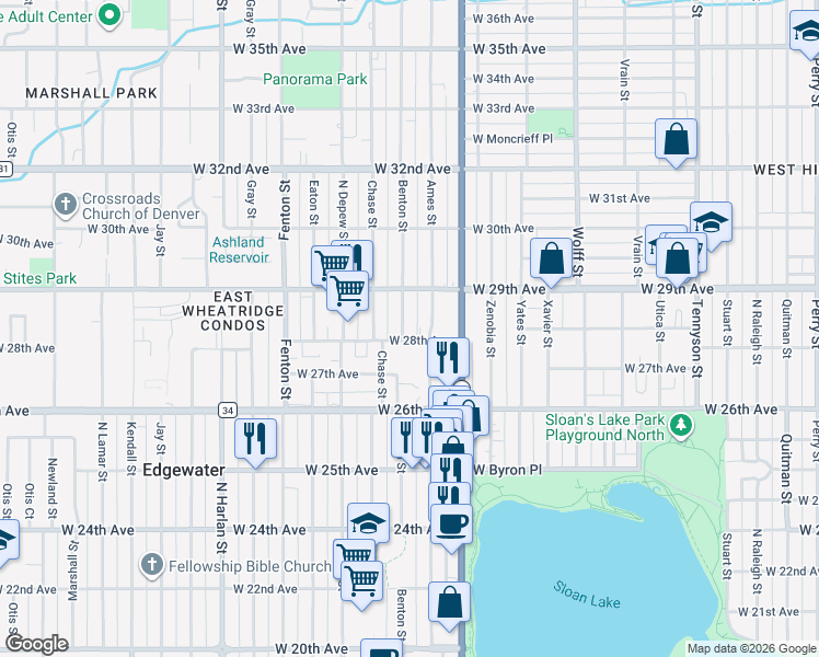 map of restaurants, bars, coffee shops, grocery stores, and more near 2828 Benton Street in Wheat Ridge