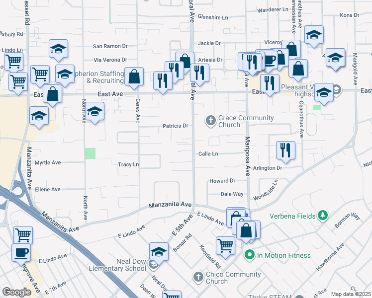 map of restaurants, bars, coffee shops, grocery stores, and more near 19 Redding Court in Chico