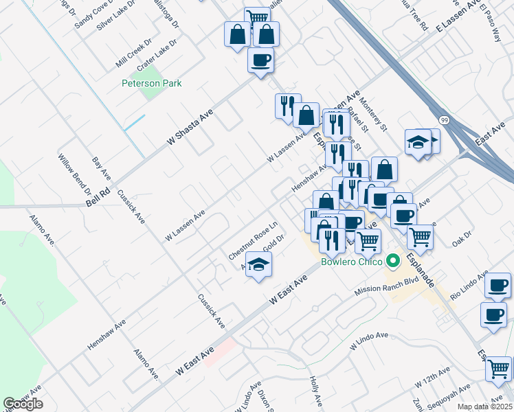 map of restaurants, bars, coffee shops, grocery stores, and more near 318 Henshaw Avenue in Chico