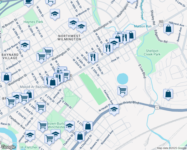 map of restaurants, bars, coffee shops, grocery stores, and more near 101 Eastlawn Avenue in Wilmington