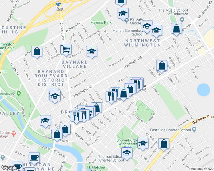 map of restaurants, bars, coffee shops, grocery stores, and more near 207 West 28th Street in Wilmington