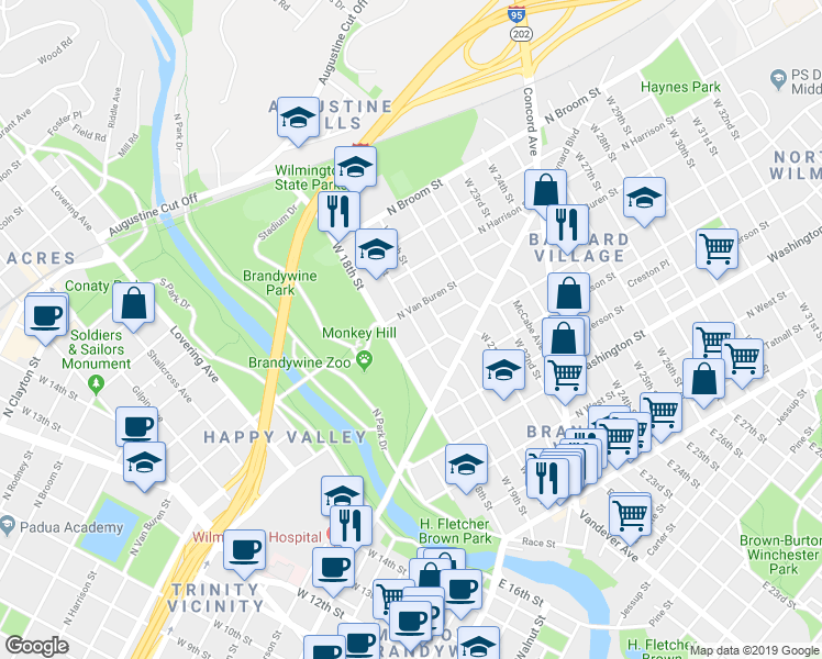 map of restaurants, bars, coffee shops, grocery stores, and more near 1806 North Van Buren Street in Wilmington