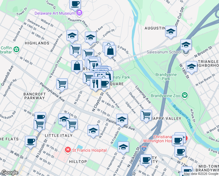 map of restaurants, bars, coffee shops, grocery stores, and more near in Wilmington