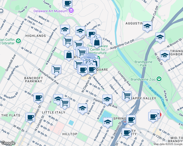 map of restaurants, bars, coffee shops, grocery stores, and more near in Wilmington