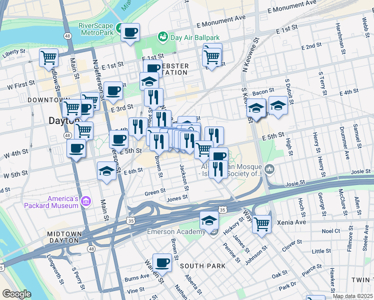 map of restaurants, bars, coffee shops, grocery stores, and more near 249 Wayne Avenue in Dayton