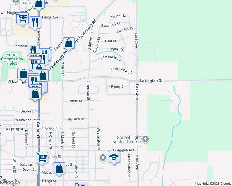 map of restaurants, bars, coffee shops, grocery stores, and more near 714 Judy Avenue in Eaton