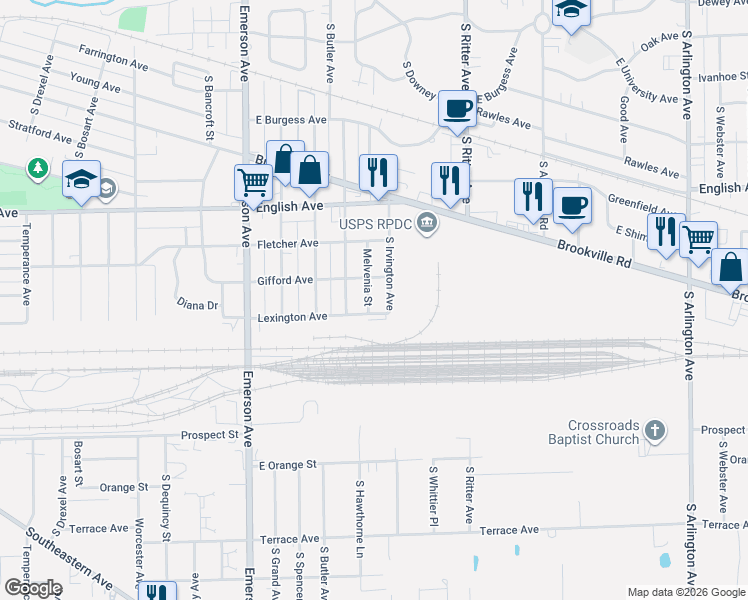 map of restaurants, bars, coffee shops, grocery stores, and more near 715 Melvenia Street in Indianapolis