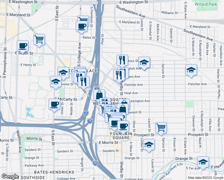 map of restaurants, bars, coffee shops, grocery stores, and more near 1029 Fletcher Avenue in Indianapolis