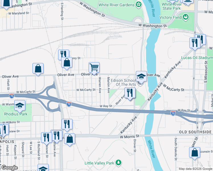 map of restaurants, bars, coffee shops, grocery stores, and more near 635 Warren Avenue in Indianapolis