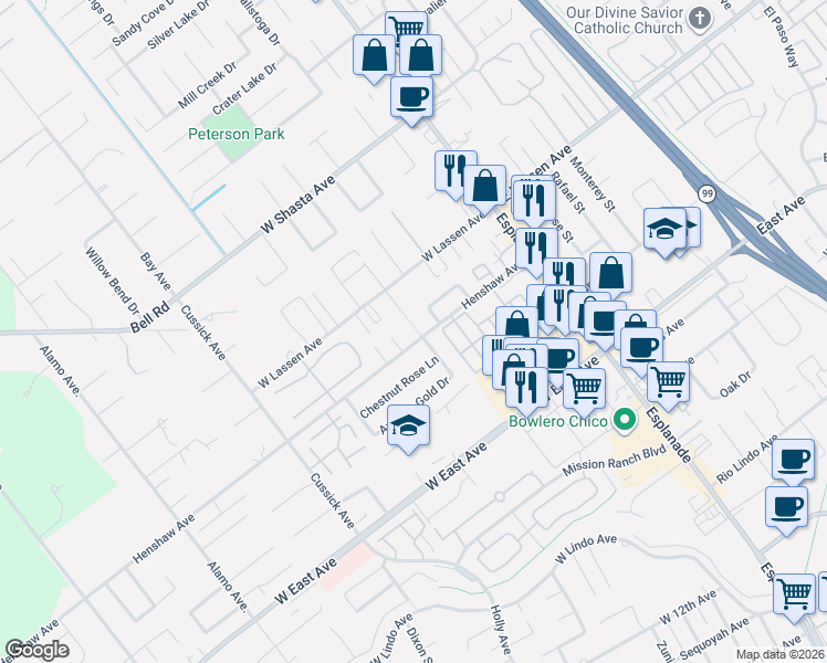 map of restaurants, bars, coffee shops, grocery stores, and more near 310 Henshaw Avenue in Chico