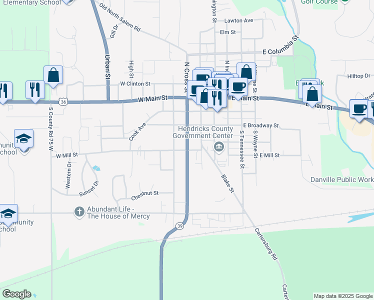 map of restaurants, bars, coffee shops, grocery stores, and more near South Cross Street in Danville
