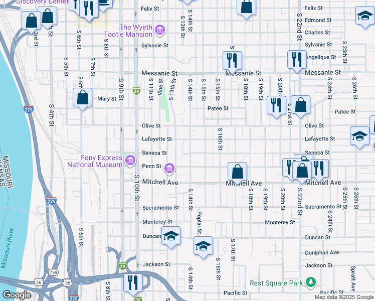 map of restaurants, bars, coffee shops, grocery stores, and more near 1110 South 14th Street in Saint Joseph