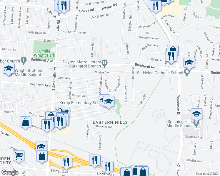 map of restaurants, bars, coffee shops, grocery stores, and more near 600 Pollock Road in Dayton