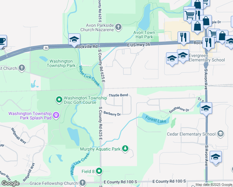 map of restaurants, bars, coffee shops, grocery stores, and more near 6370 Thistle Bend in Avon