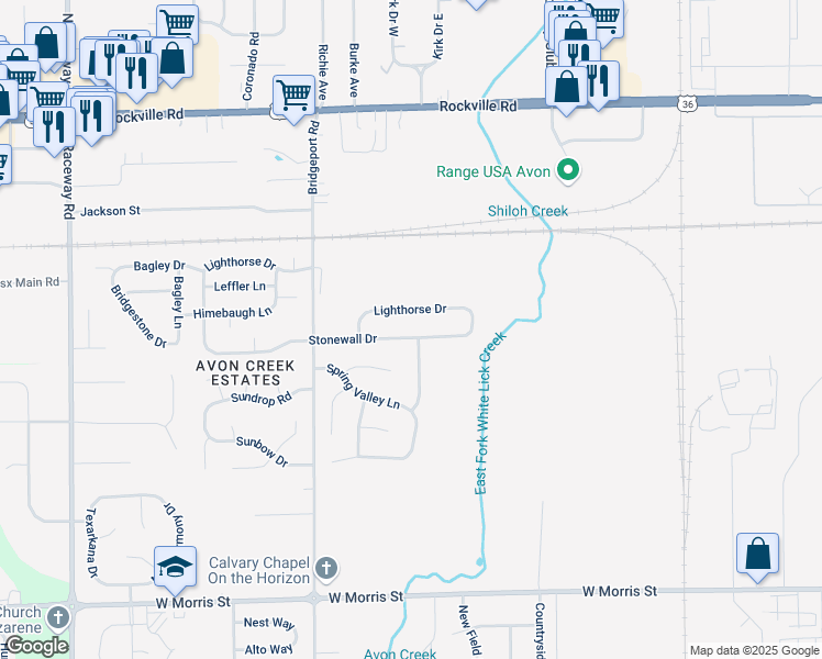 map of restaurants, bars, coffee shops, grocery stores, and more near 8524 Stonewall Drive in Indianapolis