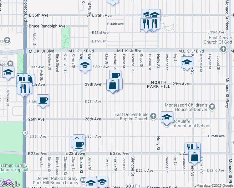 map of restaurants, bars, coffee shops, grocery stores, and more near 2823 Fairfax Street in Denver