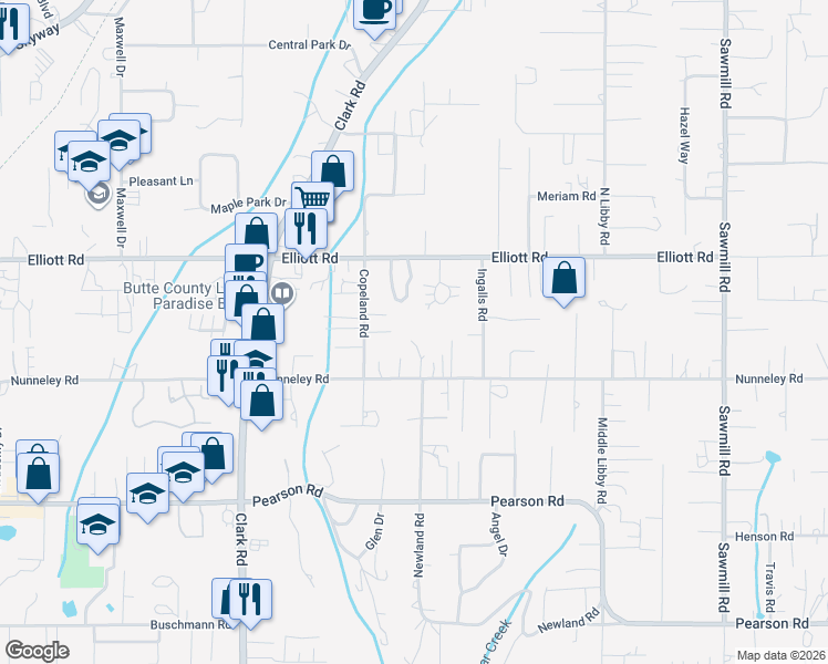 map of restaurants, bars, coffee shops, grocery stores, and more near 5800 Copeland Road in Paradise
