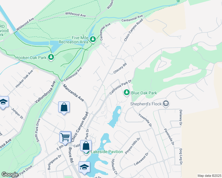 map of restaurants, bars, coffee shops, grocery stores, and more near 90 Elderberry Court in Chico