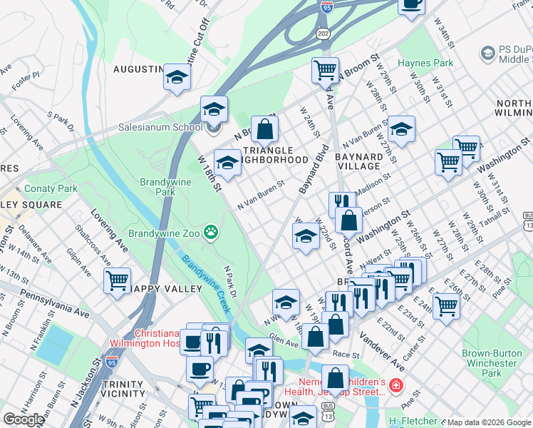 map of restaurants, bars, coffee shops, grocery stores, and more near 607 West 20th Street in Wilmington