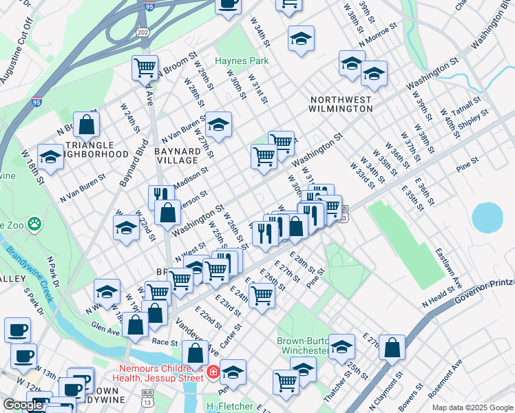 map of restaurants, bars, coffee shops, grocery stores, and more near 202 West 28th Street in Wilmington