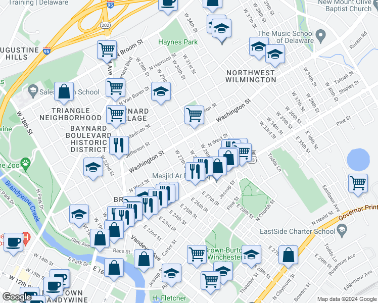 map of restaurants, bars, coffee shops, grocery stores, and more near 200 West 28th Street in Wilmington