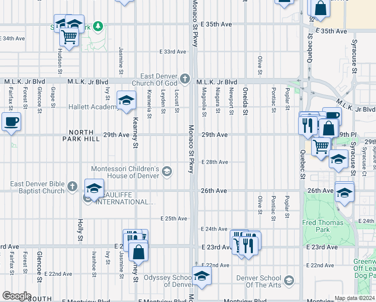 map of restaurants, bars, coffee shops, grocery stores, and more near 2835 North Monaco Parkway in Denver