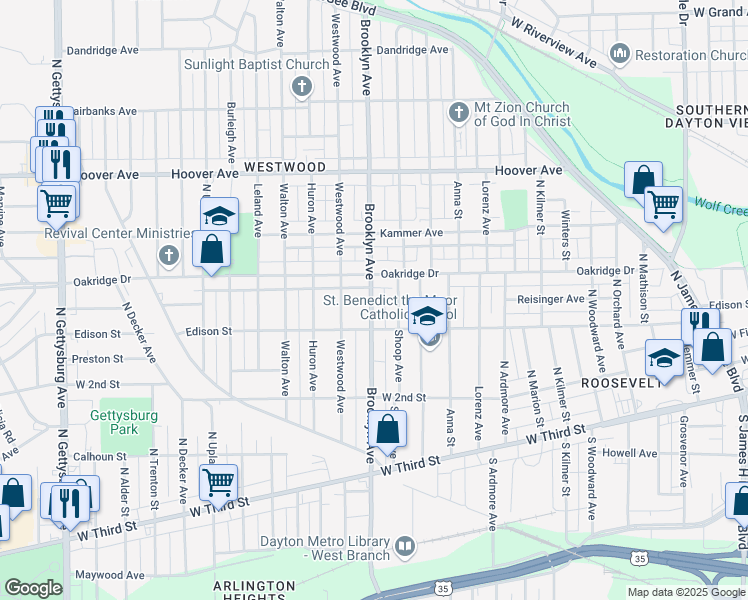 map of restaurants, bars, coffee shops, grocery stores, and more near 338 Brooklyn Avenue in Dayton