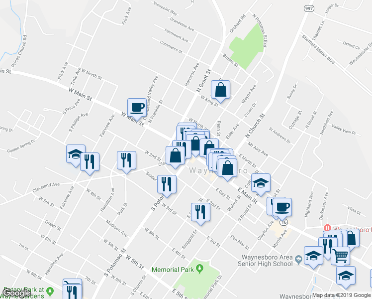 map of restaurants, bars, coffee shops, grocery stores, and more near 114 West Main Street in Waynesboro