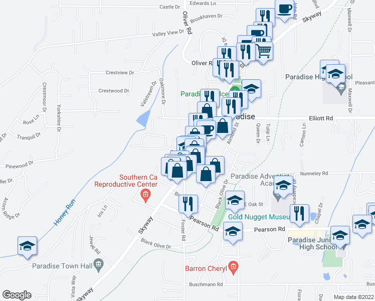 map of restaurants, bars, coffee shops, grocery stores, and more near 639 Boquest Blvd in Paradise