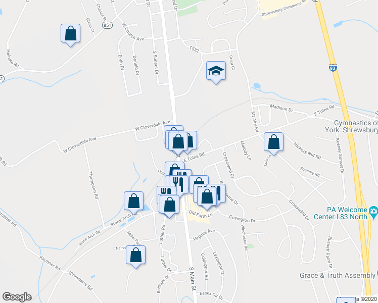 map of restaurants, bars, coffee shops, grocery stores, and more near 2 Saint Matthew Lane in Shrewsbury