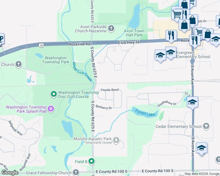 map of restaurants, bars, coffee shops, grocery stores, and more near 6392 Thistle Bend in Avon