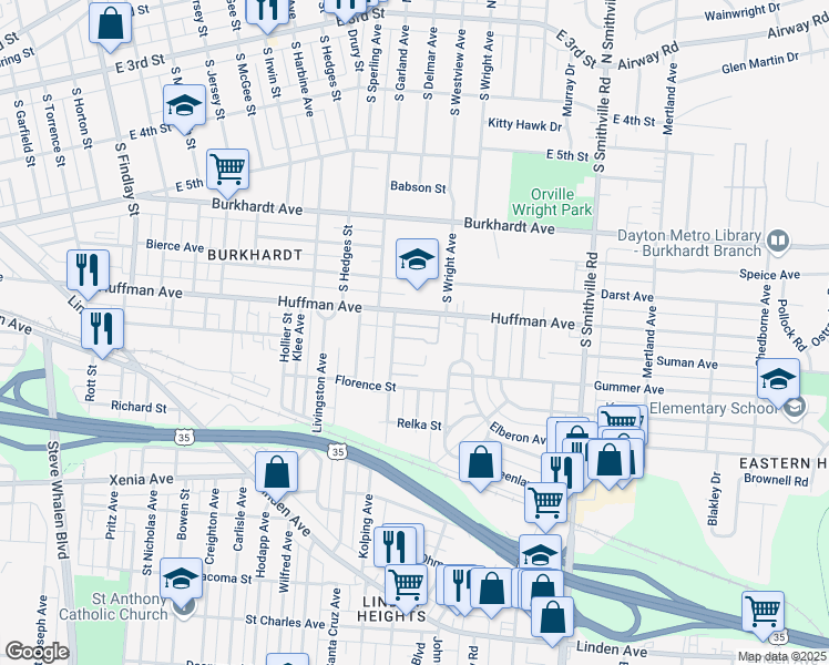 map of restaurants, bars, coffee shops, grocery stores, and more near 28 Seminary Avenue in Dayton